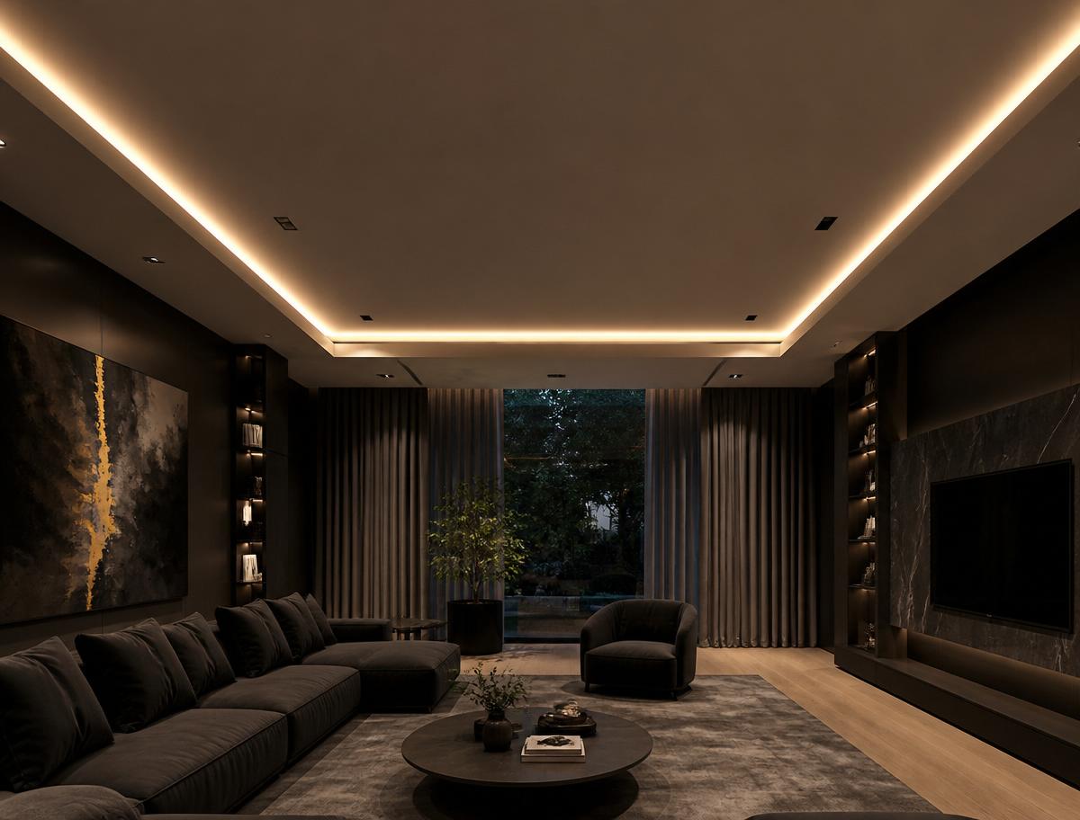 Sala moderna com sanca de gesso e rasgo linear de LED